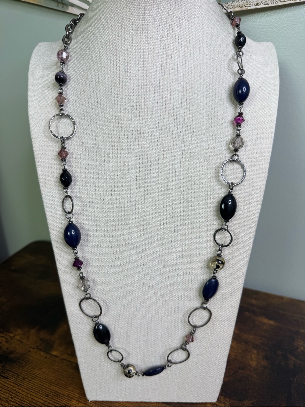 Classic Navy and Black Bead Long Necklace - Acrylic Mix